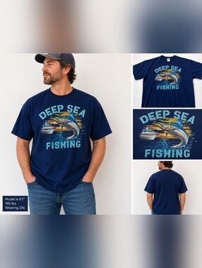 Mens 2XL Deep Sea Fishing Graphic Tee Blue Marlin Boat Shirt Cotton